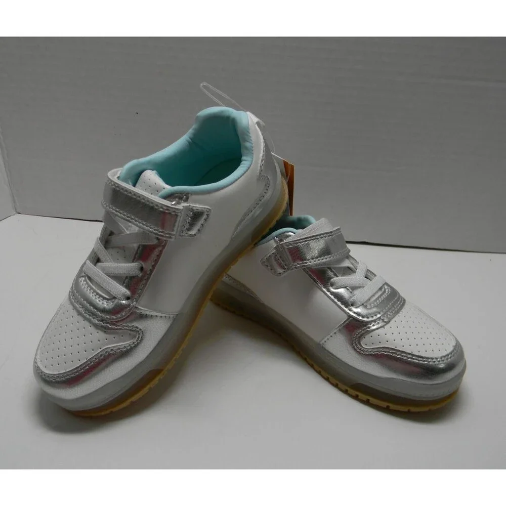 Carter's White Silver Metro Girls Tennis Shoes Hook / Eye Pull-on Light Up NWT